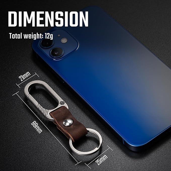 KeyUnity KM02 Titanium Belt Clip Carabiner Leather Keychain Holder with Removable Stainless Steel Key Ring