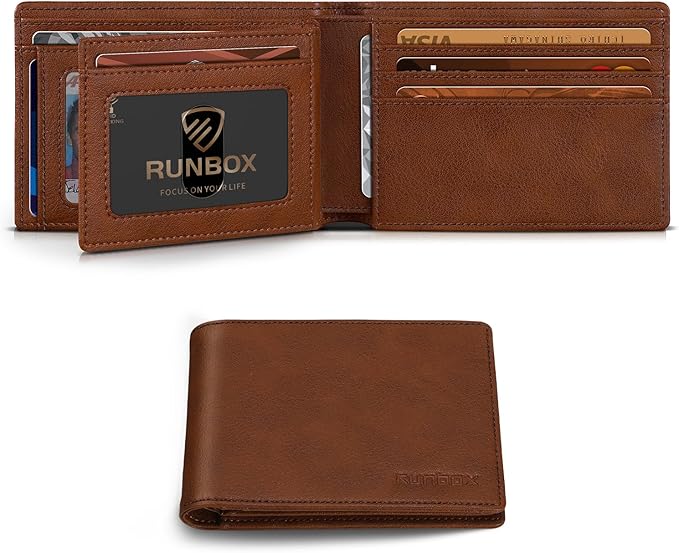 RUNBOX Wallet for Men Bifold RFID Blocking Wallets with 2 ID Window 14 Card Holders 1 cash pocket 1 Gift Box