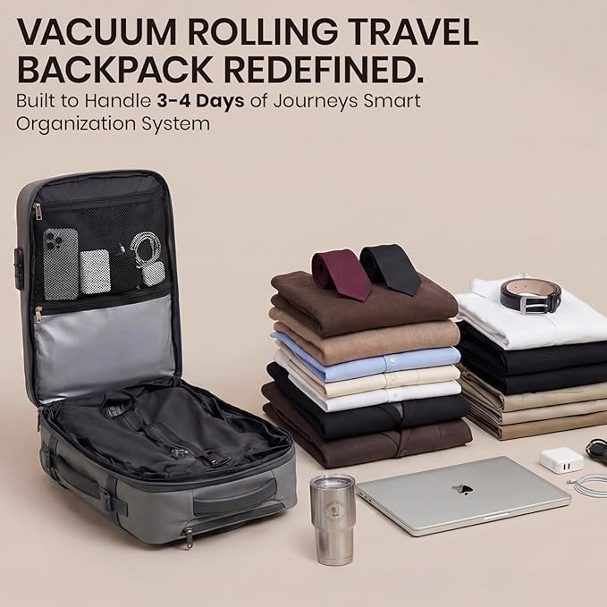 Fanwoli Rolling Vacuum Backpack Travel with One-Button Compression, Expandable Carry-On Suitcase Luggage, Approved TSA Lock & Water-Proof Laptop Compartment for Outdoor/Family/Business Trips