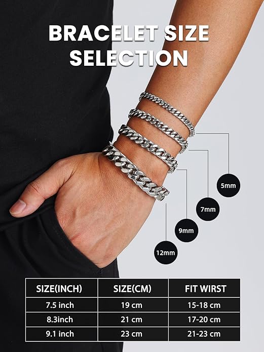 Bestyle Thick Mens Cuban Link Chain Bracelets, Durable Real 18K Gold/Black Metal Plated Solid Stainless Steel Hand Chain Cuban Bracelets for Men, Silver Black Gold Bracelets for Father Husband