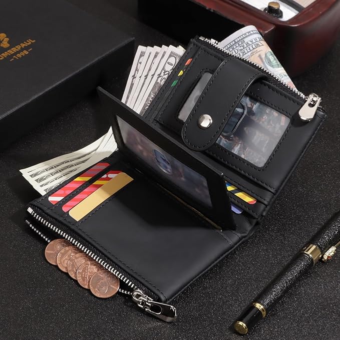 LAREET Mens Wallet with Chain, Genuine Leather Wallet RFID Blocking Bifold Purse Zipper Coin Pocket with Anti-Theft Chain