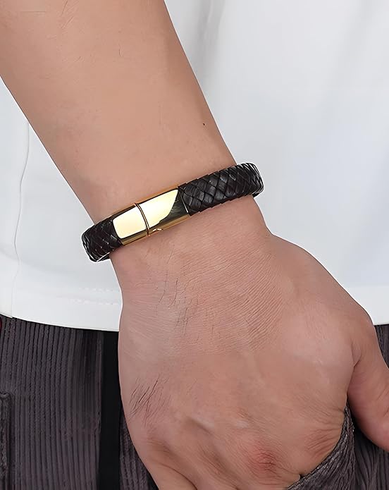 Leather Bracelet for Men, Braided Mens Cuff Bracelets with Stainless Steel Clasp Stacked Multi Style Color Anniversary Father's Day Birthday Christmas Jewelry Gifts for Him