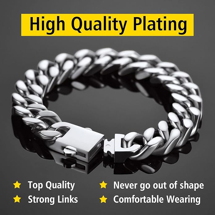 Stainless Steel Bracelets for Men,Cuban Link Mens Bracelet Silver/Black/Gold Plated Classic Chain Wrist Bracelets Jewelry Gifts for Dad Husband 5/7/9/12MM Width,7.5"/8.3"/9" Length with Gift Box