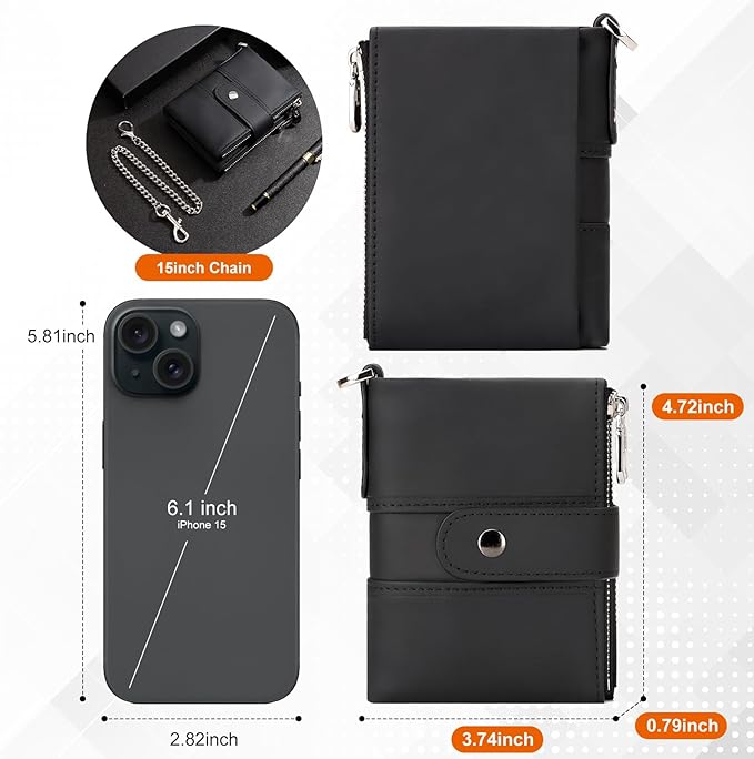 LAREET Mens Wallet with Chain, Genuine Leather Wallet RFID Blocking Bifold Purse Zipper Coin Pocket with Anti-Theft Chain