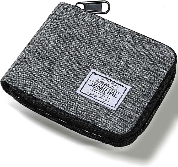 JEMINAL Zipper Short Wallet for Men: Boys & Girls Travel Bifold Fabric Canvas Wallet with Card Case - Women' Large Capacity Zip Wallet with Coin Purse Grey