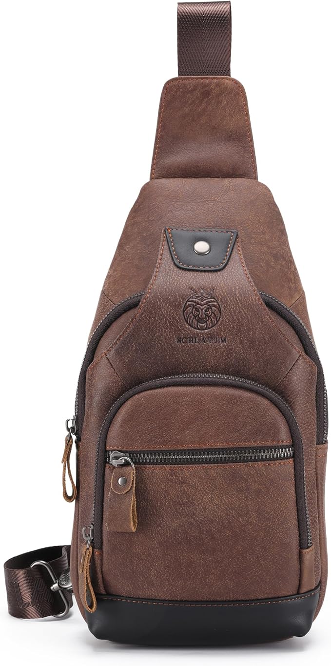 LUKZIJAES Genuine Leather Sling Bag for Men and Women Crossbody Shoulder Chest Pack Hiking Carry on Casual Daypack Outdoor Travel Backpack (#1-Coffee)