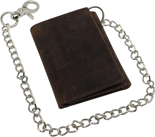Men's RFID Blocking Trifold Vintage Leather Biker Chain Wallet With Snap Closure