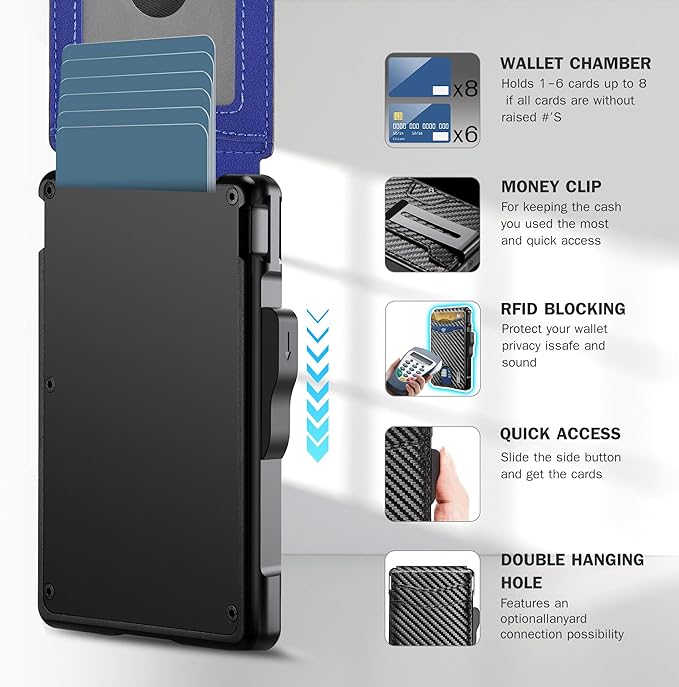 umoven Wallet for Men - with Money Clip Slim Leather Slots Credit Card Holder RFID Blocking Bifold Minimalist Wallet (Carbon Black and Blue)