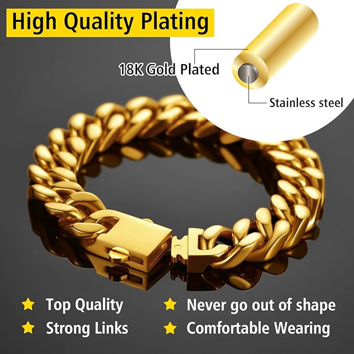 Stainless Steel Bracelets for Men,Cuban Link Mens Bracelet Silver/Black/Gold Plated Classic Chain Wrist Bracelets Jewelry Gifts for Dad Husband 5/7/9/12MM Width,7.5"/8.3"/9" Length with Gift Box