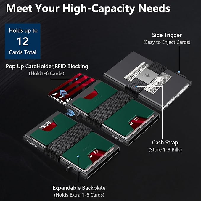 Slim Aluminum Card Holder Wallet for Men, Durable Expandable Backplate, RFID Blocking Minimalist Metal Pop Up Wallet, Holds 12+ Cards Plus Cash