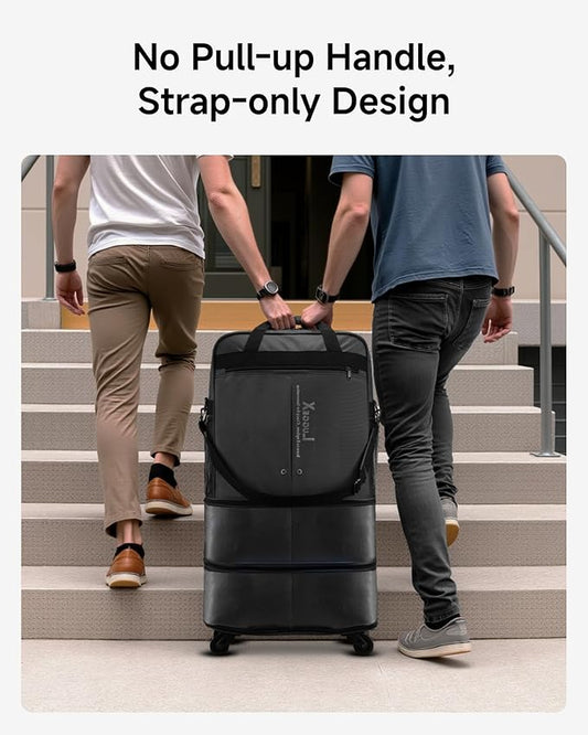 LUGGEX Suitcases with Wheels, Expandable Collapsible Luggage Rolling Travel Duffle Bag without Telescopic Handle, Foldable Large Weekender Bag for Men Women, Black