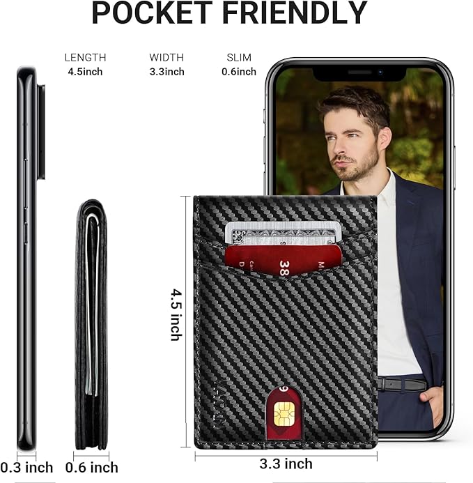 VATAN Wallet for Men, Mens Minimalist Wallet Credit Card Holder, Slim Leather Rfid 2 ID Window Large Capacity With Gift Box (Carbon Fiber Black)