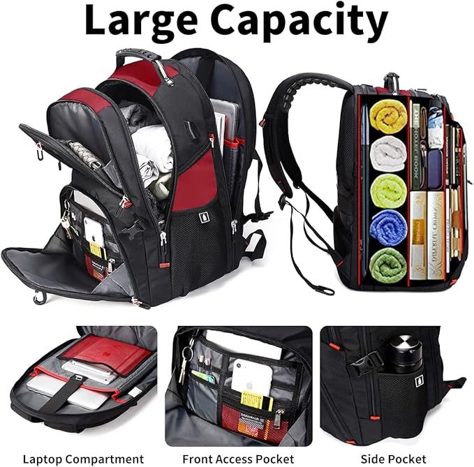 SHRRADOO Extra Large 50L Travel Laptop Backpack with USB Charging Port, College High School Backpack Airline Approved Business Work Bag Fit 17 Inch Laptops for Men Women,Red