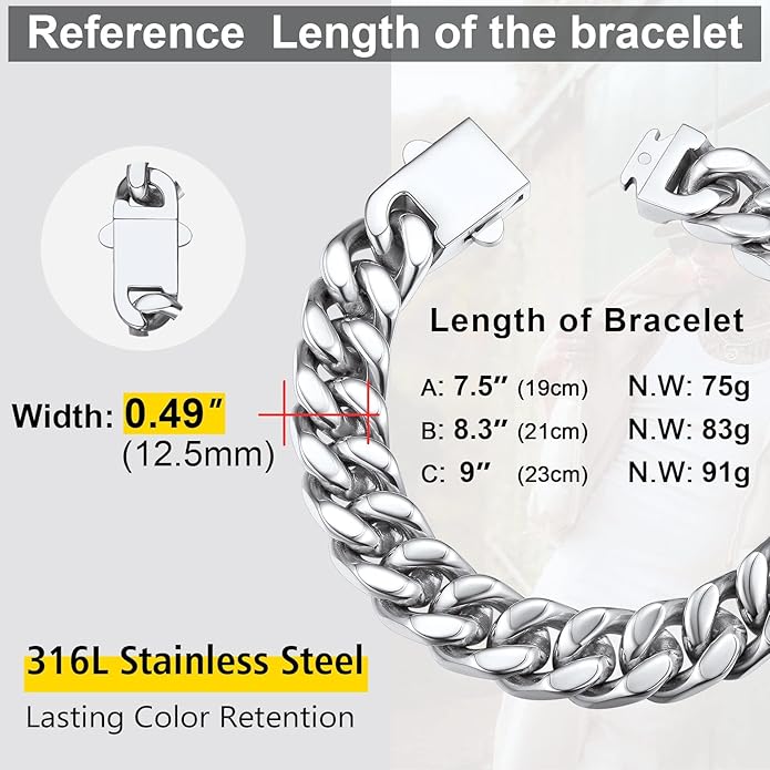 Stainless Steel Bracelets for Men,Cuban Link Mens Bracelet Silver/Black/Gold Plated Classic Chain Wrist Bracelets Jewelry Gifts for Dad Husband 5/7/9/12MM Width,7.5"/8.3"/9" Length with Gift Box