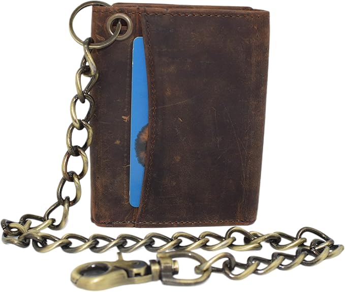 Men's RFID Blocking Trifold Vintage Leather Biker Chain Wallet With Snap Closure