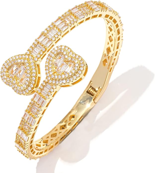 Lulu Mel Iced Out Baguette Diamond Bracelet Jewelry for Women, Hip Hop Mens 14k Gold Silver Plated Cubic Zirconia Bangle Bracelet, Men Heart Cuff Bracelet With Jewelry Box