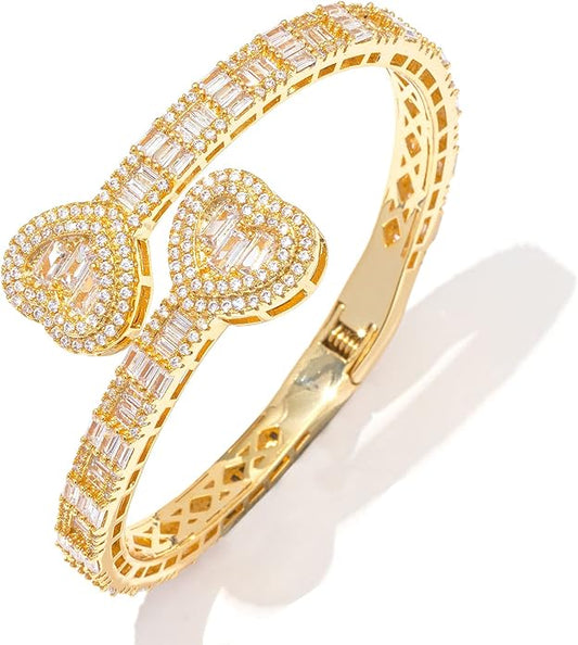 Lulu Mel Iced Out Baguette Diamond Bracelet Jewelry for Women, Hip Hop Mens 14k Gold Silver Plated Cubic Zirconia Bangle Bracelet, Men Heart Cuff Bracelet With Jewelry Box