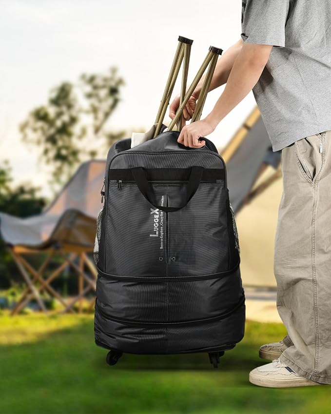 LUGGEX Suitcases with Wheels, Expandable Collapsible Luggage Rolling Travel Duffle Bag without Telescopic Handle, Foldable Large Weekender Bag for Men Women, Black