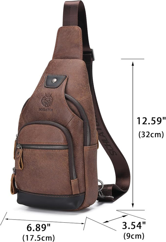 LUKZIJAES Genuine Leather Sling Bag for Men and Women Crossbody Shoulder Chest Pack Hiking Carry on Casual Daypack Outdoor Travel Backpack (#1-Coffee)