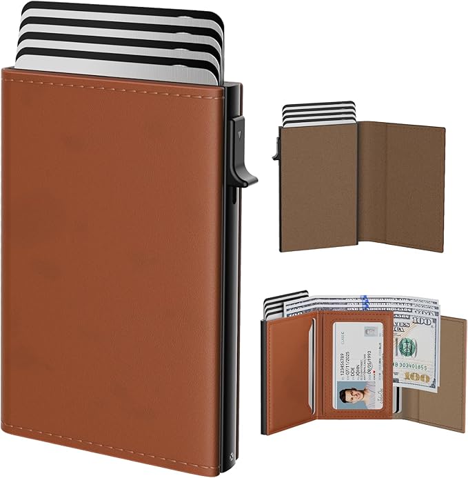 typecase Mens Wallet Card Holder: Pop Up Aluminum Case, Premium Genuine Leather, Smart, RFID Blocking, Slim, Minimalist, Front Pocket - 9-14 Card Capacity | ID Window | Cash Slot - Jet Brown