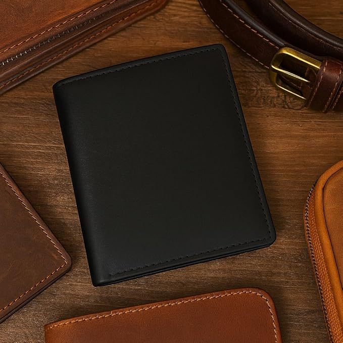 New Premium Lambskin Leather Bifold Hipster Credit Card Wallet (Black)