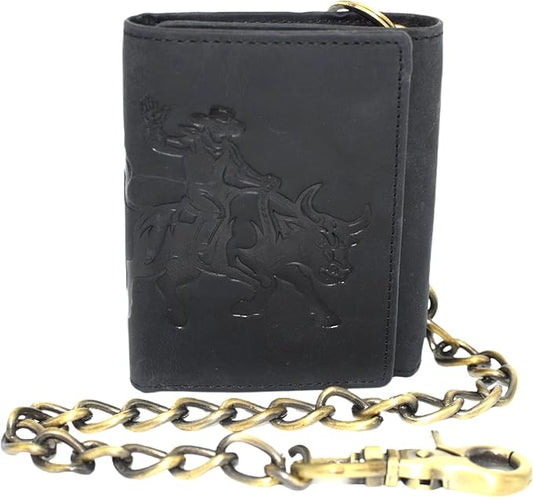 Men's RFID Blocking Trifold Vintage Leather Biker Chain Wallet With Snap Closure
