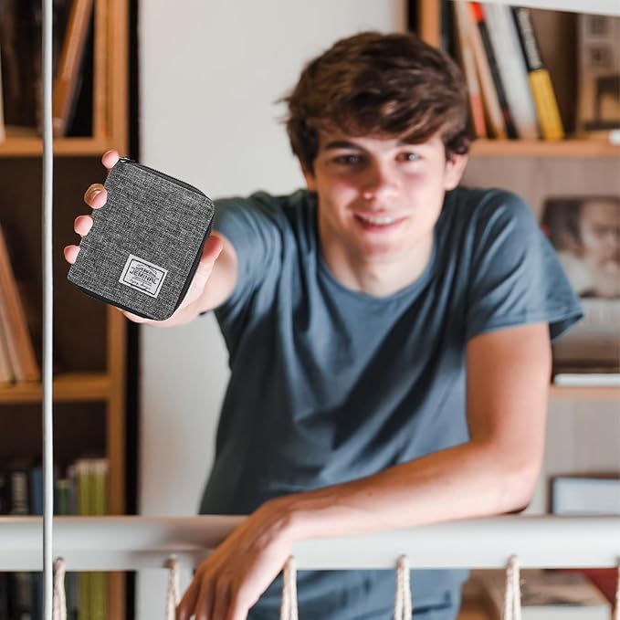 JEMINAL Zip Short Wallet for Men Women Travel Bifold Vertical Fabric Canvas Wallet with Card Case Women' Large Capacity Zip Wallet with Coin Purse Gifts for Men Him (Vertical-Grey)