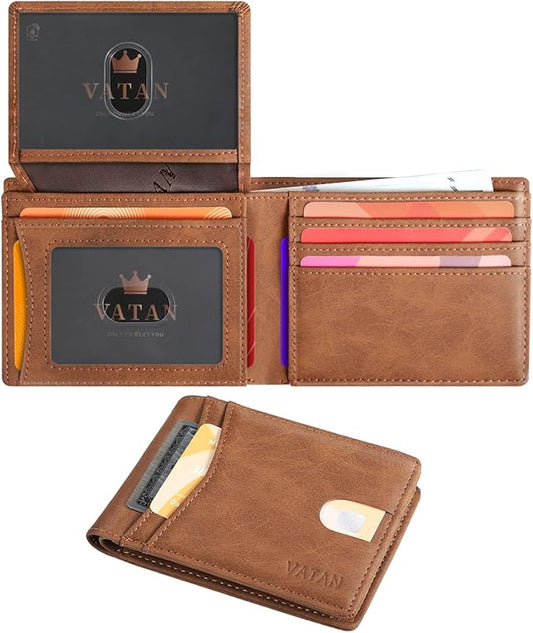 VATAN Wallet for Men, Mens Minimalist Wallet Credit Card Holder, Slim Leather Rfid 2 ID Window Large Capacity With Gift Box (Crazy Horse Brown)