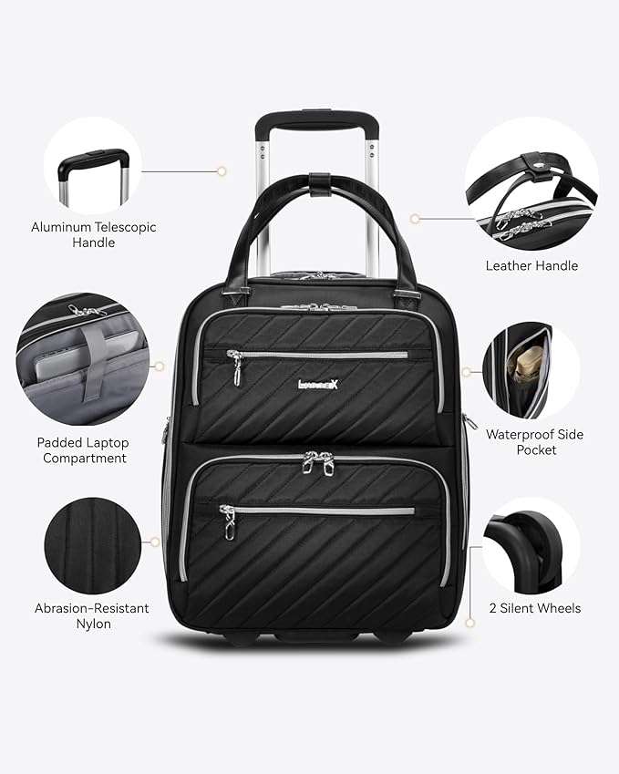 LUGGEX Underseat Carry On Luggage with Wheels, Stylish Lightweight Under Seat Luggage, Soft Sided Personal Item Suitcase for Short Trip (All Black, 16 Inch)