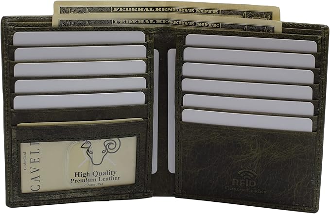 RFID Blocking Bifold Hipster Credit Card Wallet Premium Lambskin Leather (Cavelio Green)