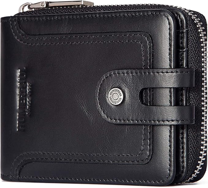 gzcz Mens Wallet with Zipper RFID Blocking Genuine Leather Bifold Purse with ID Window and Credit Card Holder (Black)