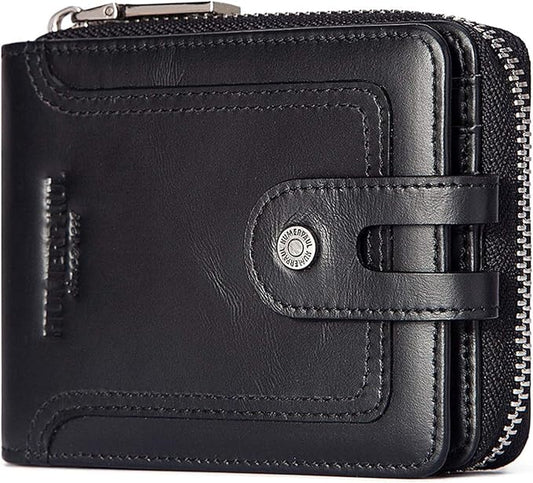gzcz Mens Wallet with Zipper RFID Blocking Genuine Leather Bifold Purse with ID Window and Credit Card Holder (Black)