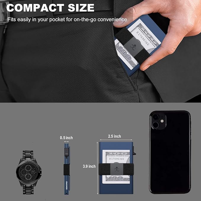 Slim Aluminum Card Holder Wallet for Men, Durable Expandable Backplate, RFID Blocking Minimalist Metal Pop Up Wallet, Holds 12+ Cards Plus Cash