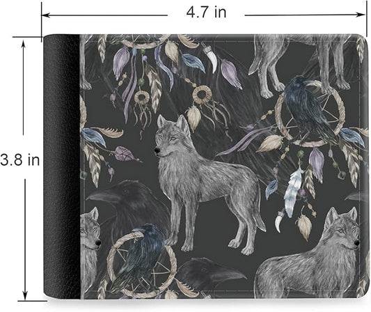 (Wolf, Crow And Native American Indian Tribal Dreamcatcher Front Pocket Slim Bifold Leather Wallet RFID Blocking with ID Window for Men