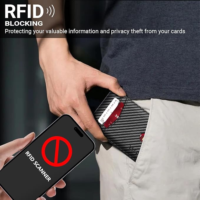 VATAN Wallet for Men, Mens Minimalist Wallet Credit Card Holder, Slim Leather Rfid 2 ID Window Large Capacity With Gift Box (Carbon Fiber Black)