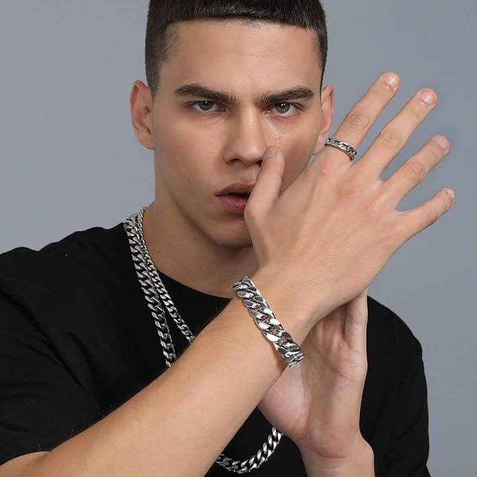 Stainless Steel Bracelets for Men,Cuban Link Mens Bracelet Silver/Black/Gold Plated Classic Chain Wrist Bracelets Jewelry Gifts for Dad Husband 5/7/9/12MM Width,7.5"/8.3"/9" Length with Gift Box