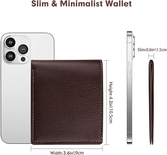 luseyfj Mens Slim Bifold Wallet with ID Clear Window & 6 Credit Card Slots, Minimalist Handmade Bifold Wallets for Men, Thin Card Credit Holder Wallet for Men - Slim & Stylish (Coffee)