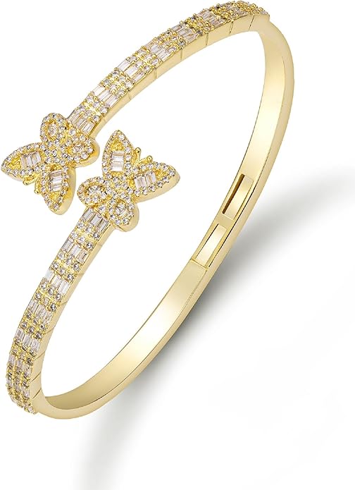 Lulu Mel Iced Out Baguette Diamond Bracelet Jewelry for Women, Hip Hop Mens 14k Gold Silver Plated Cubic Zirconia Bangle Bracelet, Men Heart Cuff Bracelet With Jewelry Box