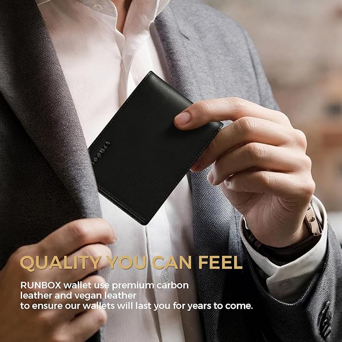 RUNBOX Wallet for Men Bifold RFID Blocking Wallets with 2 ID Window 14 Card Holders 1 cash pocket 1 Gift Box