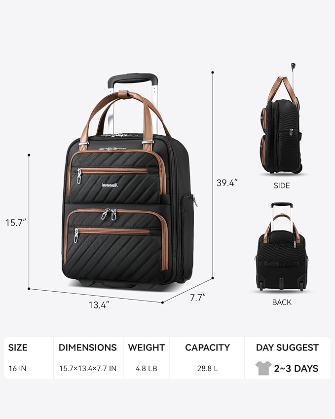 LUGGEX Underseat Carry On Luggage with Wheels, Stylish Lightweight Under Seat Luggage, Soft Sided Personal Item Suitcase for Short Trip (Chestnut Black, 16 Inch)