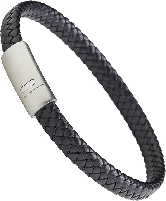 LUXAR Men’s Genuine Leather Bracelet | Interwoven Black Leather Bracelets with Brush Stainless Steel Clasp | Minimalist, Designer Jewelry for Men