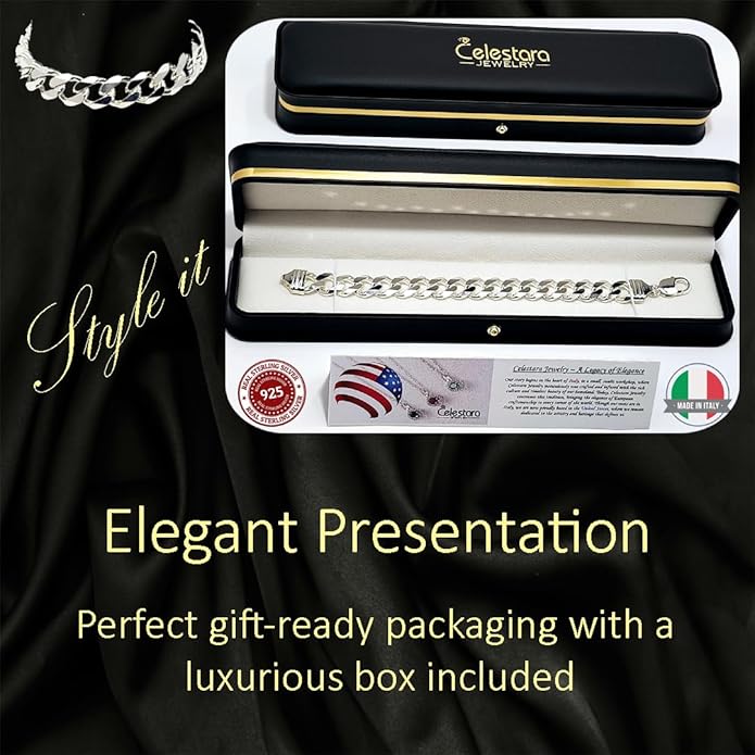 Celestara Jewelry, 925 Sterling Silver Cuban Link Chain, Italian-Made Solid Chain Bracelet and Necklace for Men & Women - (Premium Leather Gift Box Included)