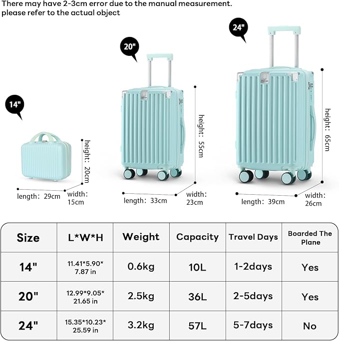 (14+20+24)Inch Carry on Luggage Carry-on with Cup Holder & USB Port, Luggage with Airline Approved TSA Lock, Softside Lightweight carry on luggage 22x14x9 airline approved 360° Double Spinner 8 Wheels