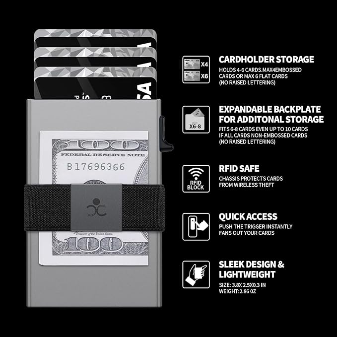 Slim Aluminum Card Holder Wallet for Men, Durable Expandable Backplate, RFID Blocking Minimalist Metal Pop Up Wallet, Holds 12+ Cards Plus Cash