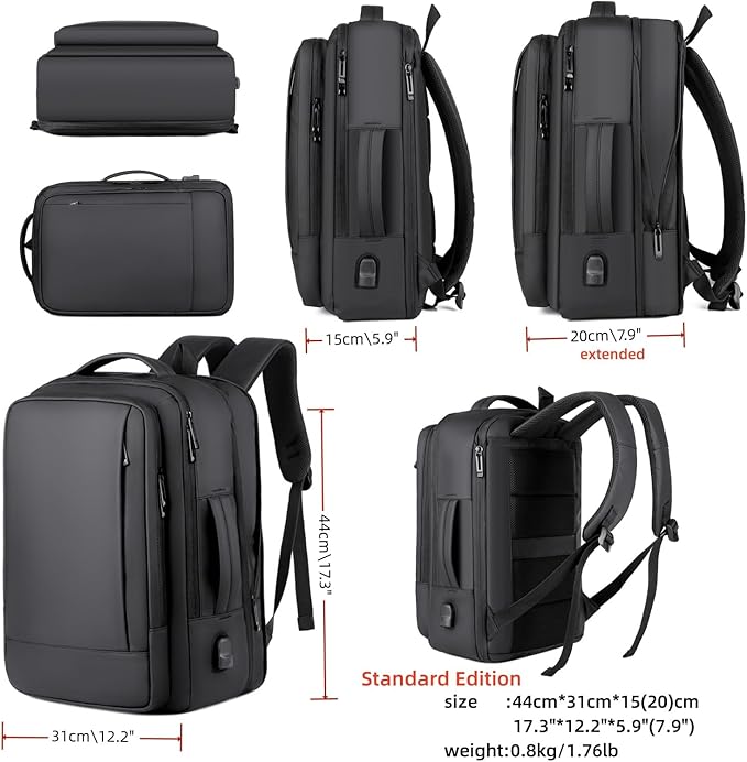 17/15.6" Business laptop backpack, PU backpack, Travel laptop backpack,carry on backpack, Expandable laptop backpack Men (01#Standard, Black)