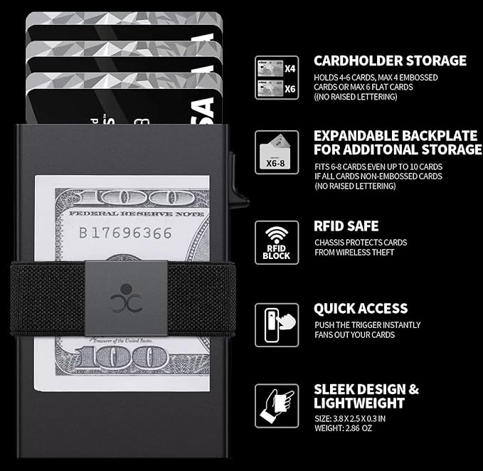 Slim Wallet for Men, RFID Blocking Mens Wallets, Minimalist Pop Up Men's Credit Card Holder, Sturdy Metal Card Case with Cash Strap - 12+ Cards Capacity