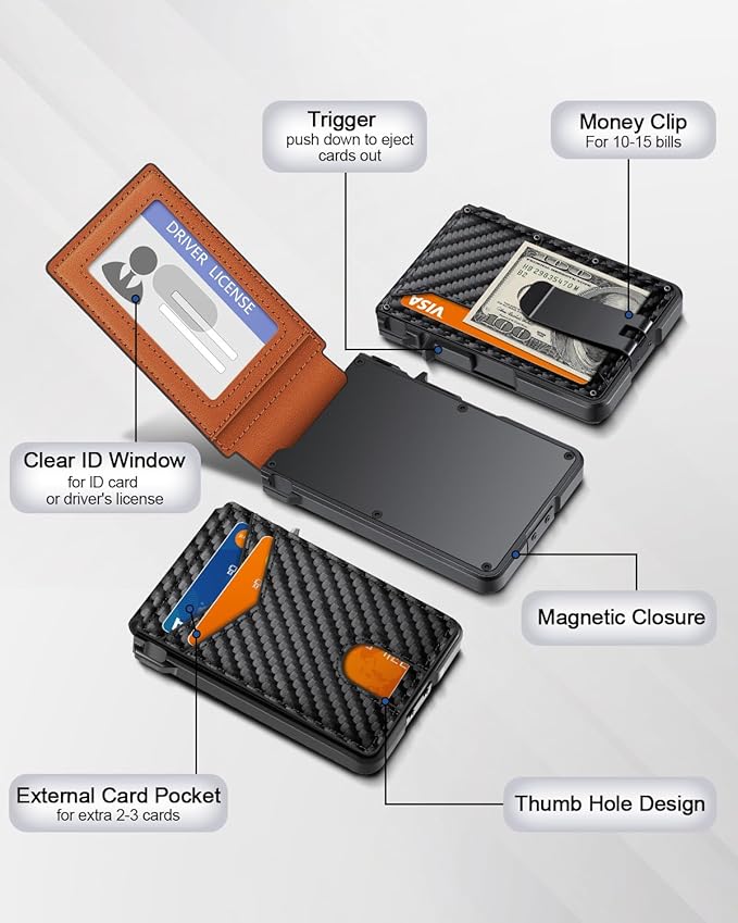 Wallet for Men, Mens Minimalist Wallet 9-13 Cards, Slim Compact Wallet with Money Clip & ID Window, RFID Blocking Smart Pop Up Card Wallet, Metal Aluminum Credit Card Holder Bifold Wallet