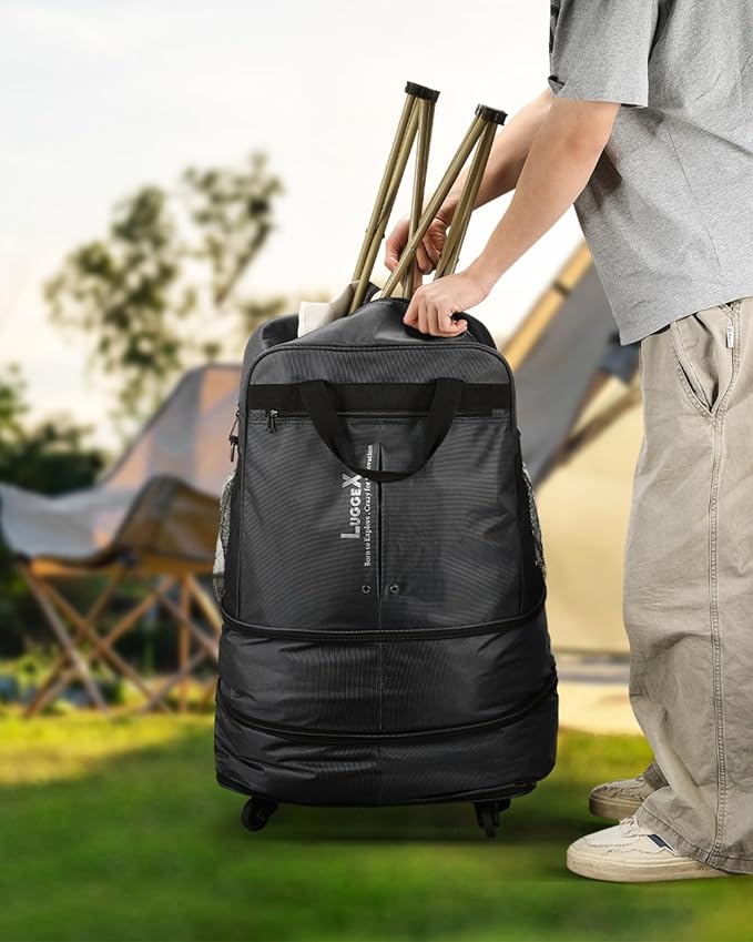 LUGGEX Suitcases with Wheels, Expandable Collapsible Luggage Rolling Travel Duffle Bag without Telescopic Handle, Foldable Large Weekender Bag for Men Women, Blue