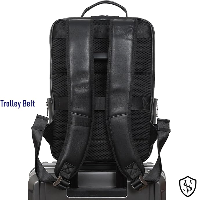 STAR VISTA 15.6" Trajan Premium Calfskin Leather Laptop Backpack for Men, Multi Pockets, Business Travel Bag, Casual Outdoor Rucksack, YKK Zippers, Black