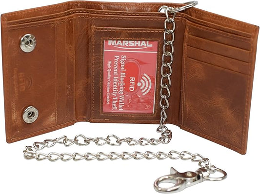 Men's RFID Blocking Trifold Vintage Leather Biker Chain Wallet With Snap Closure